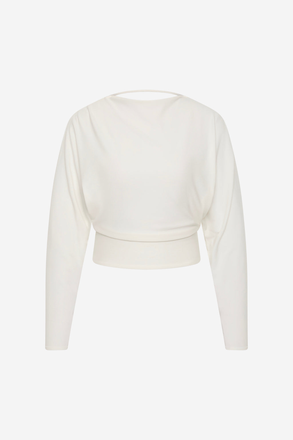 Ivory jersey long-sleeve top with draped cropped waist and boat neckline