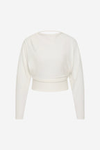 Ivory jersey long-sleeve top with draped cropped waist and boat neckline