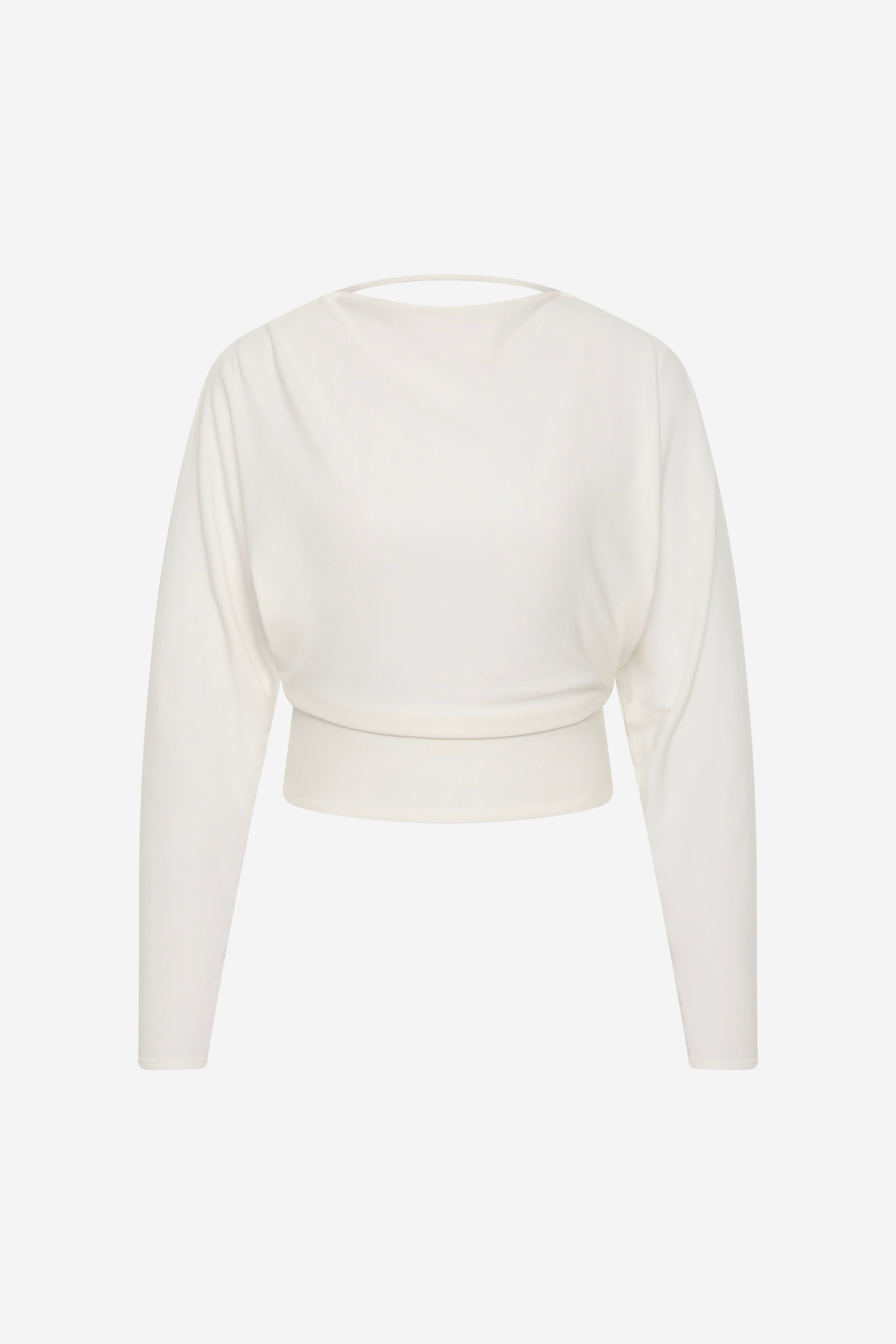 Ivory jersey long-sleeve top with draped cropped waist and boat neckline
