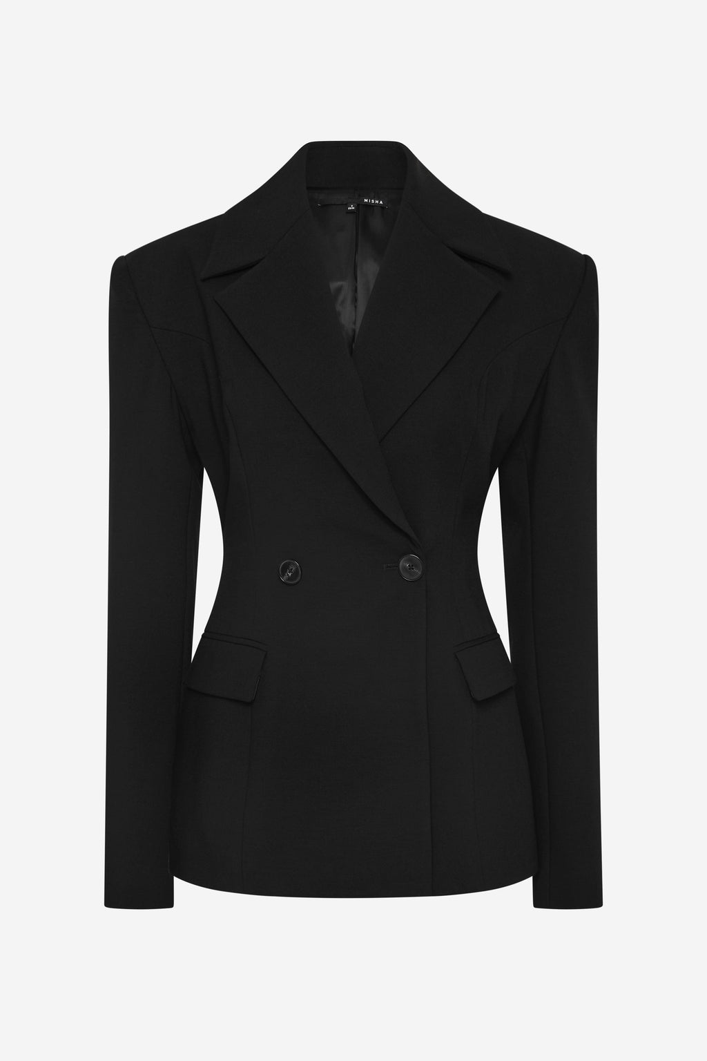 Black crepe blazer front view with notch lapels, two-button closure, flap pockets
