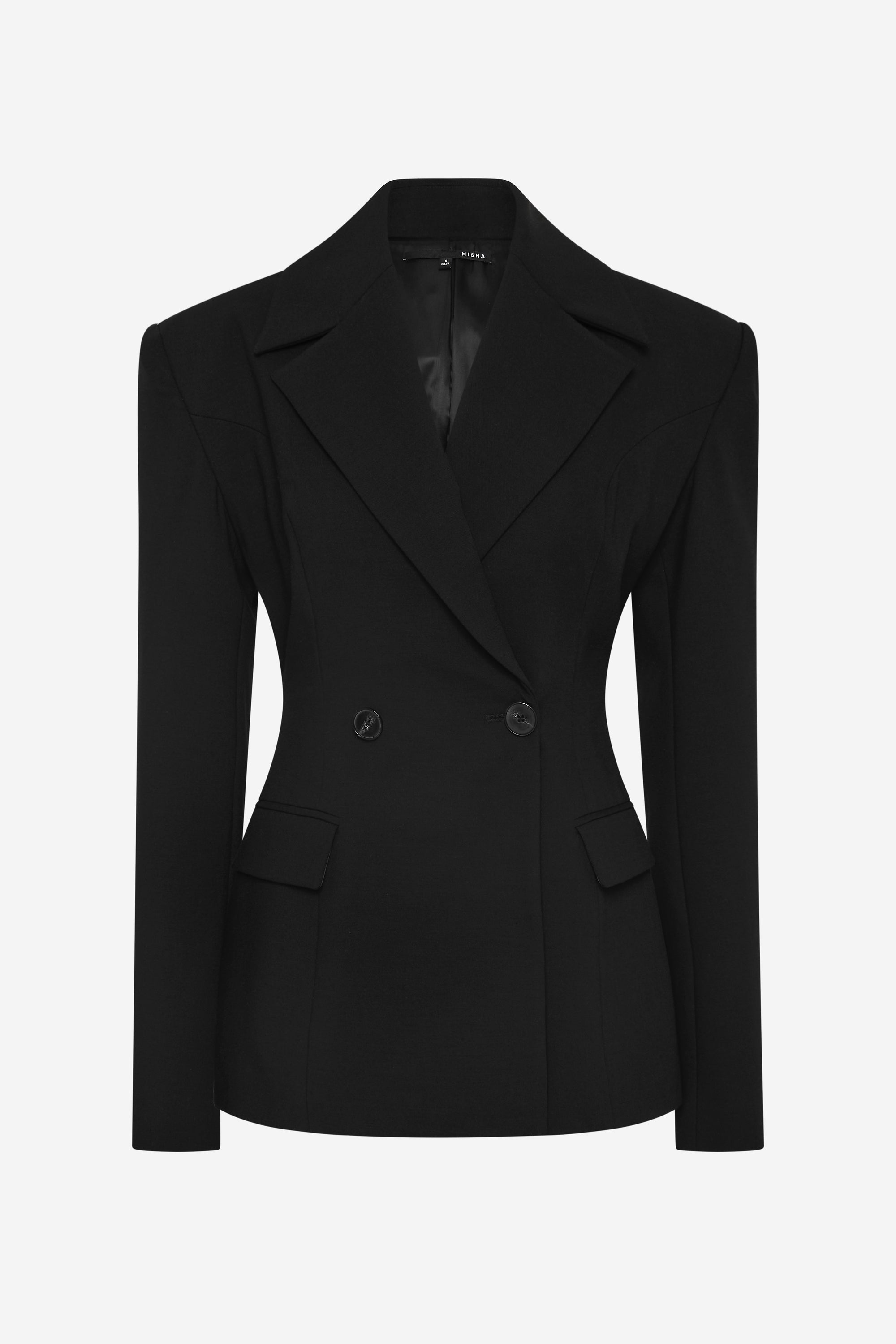 Black crepe blazer front view with notch lapels, two-button closure, flap pockets