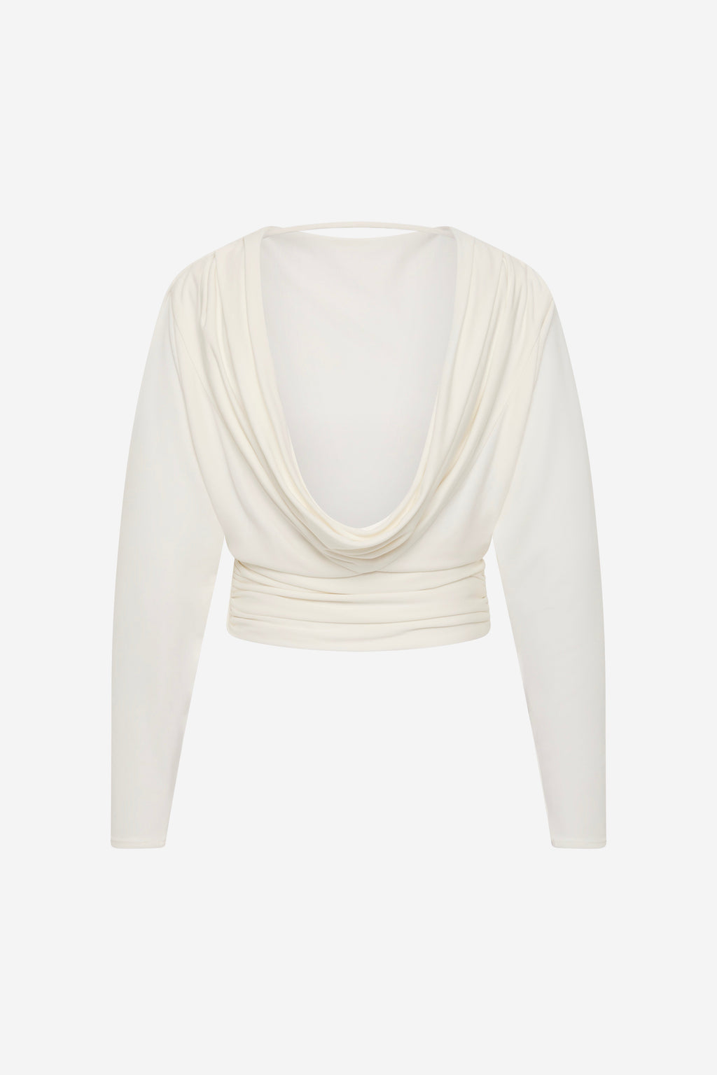 Ivory jersey long-sleeve top with V-shaped draped neckline