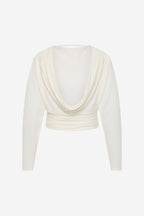Ivory jersey long-sleeve top with V-shaped draped neckline