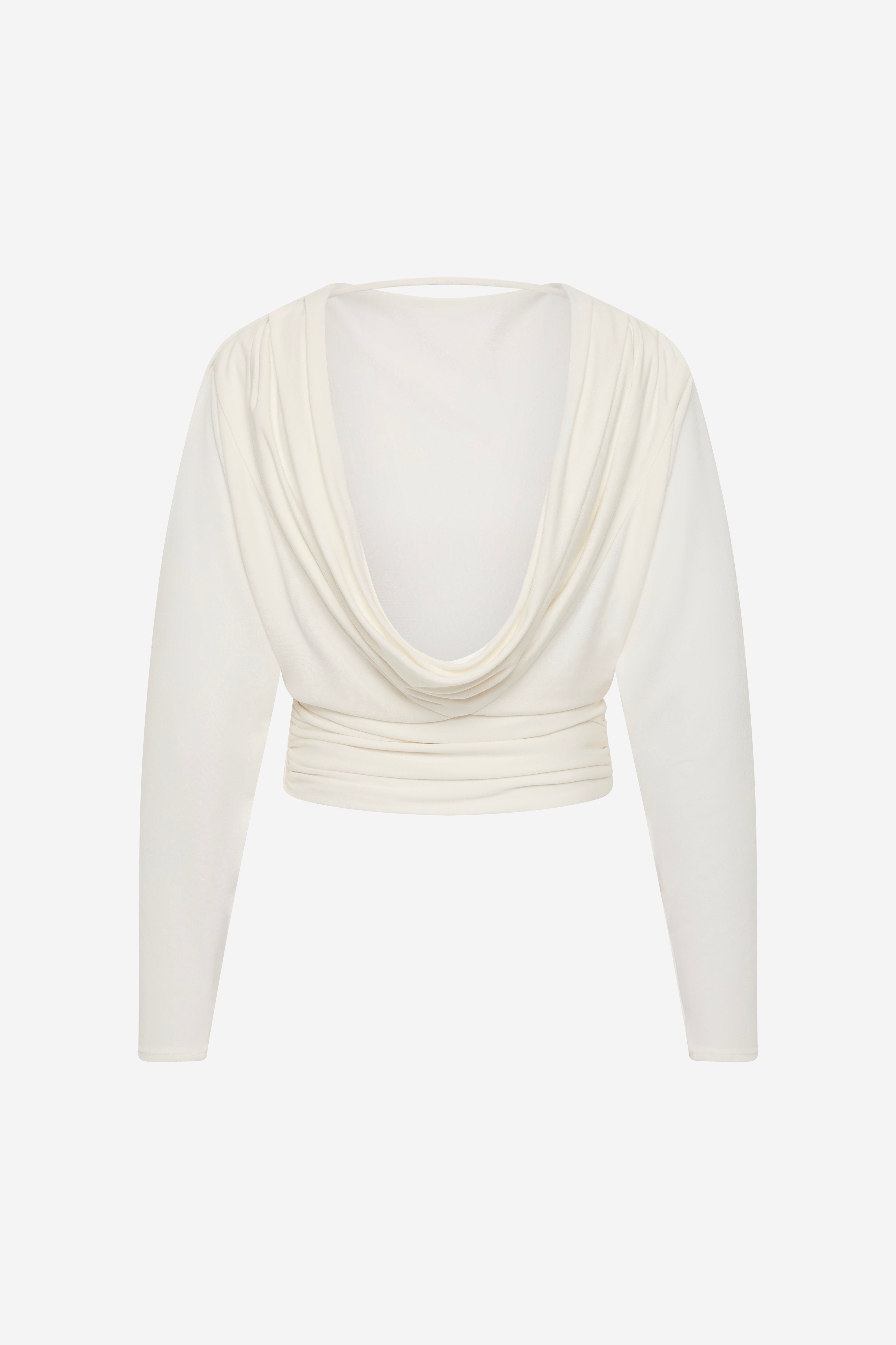 Ivory jersey long-sleeve top with V-shaped draped neckline