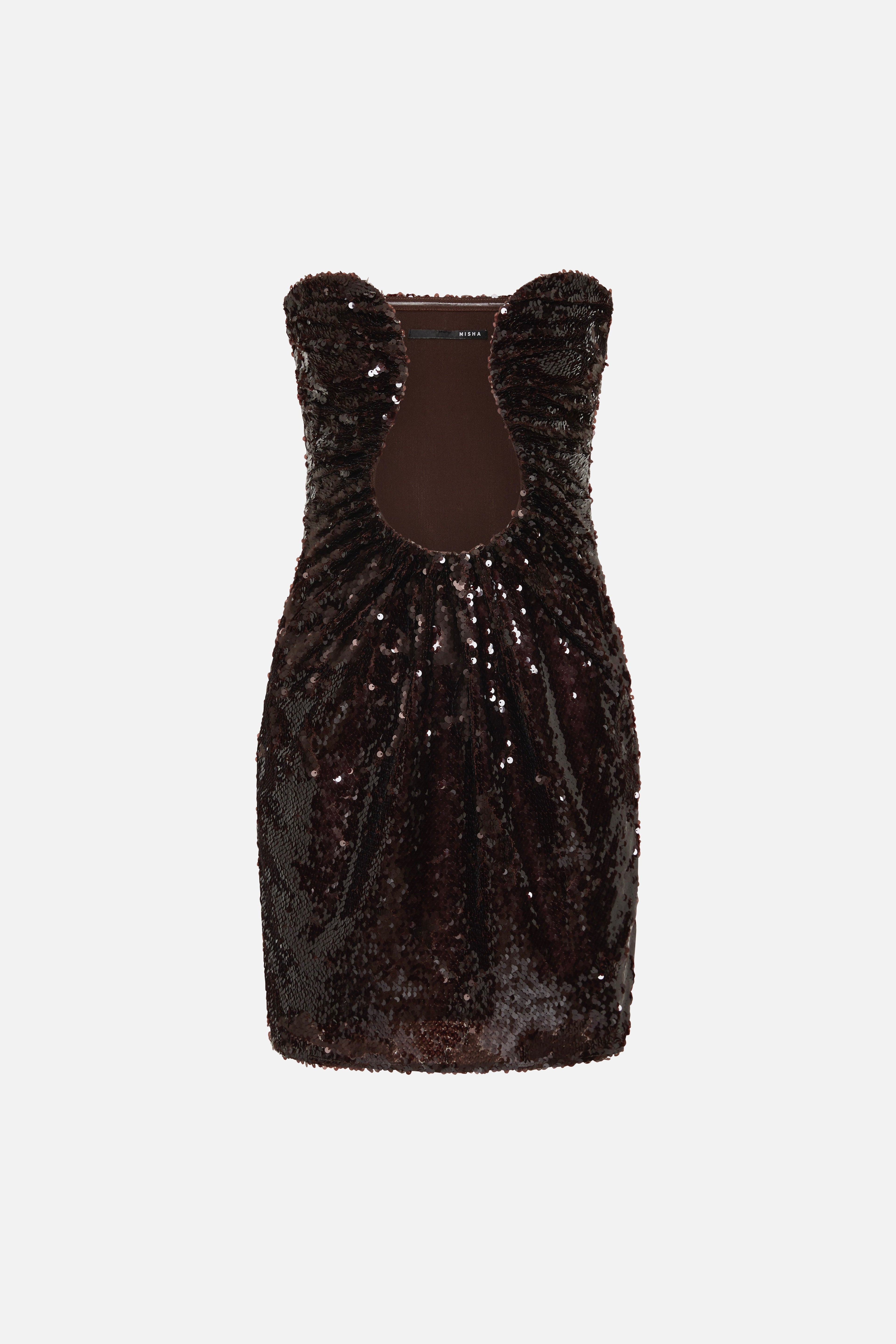 Black sequin mini dress with wide arm openings and open back