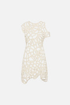 Ivory crochet mini dress with high neckline and cap sleeves, openwork lattice