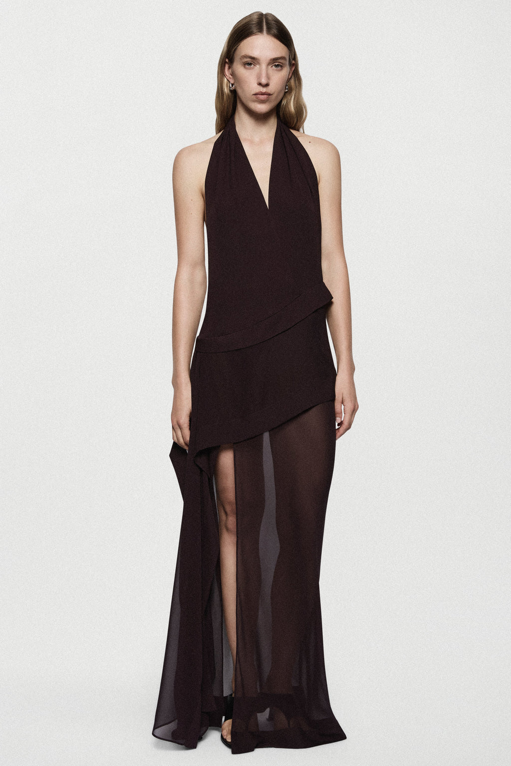 Dark plum silk halter maxi dress with draped bodice and asymmetric wrap detail
