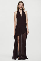 Dark plum silk halter maxi dress with draped bodice and asymmetric wrap detail