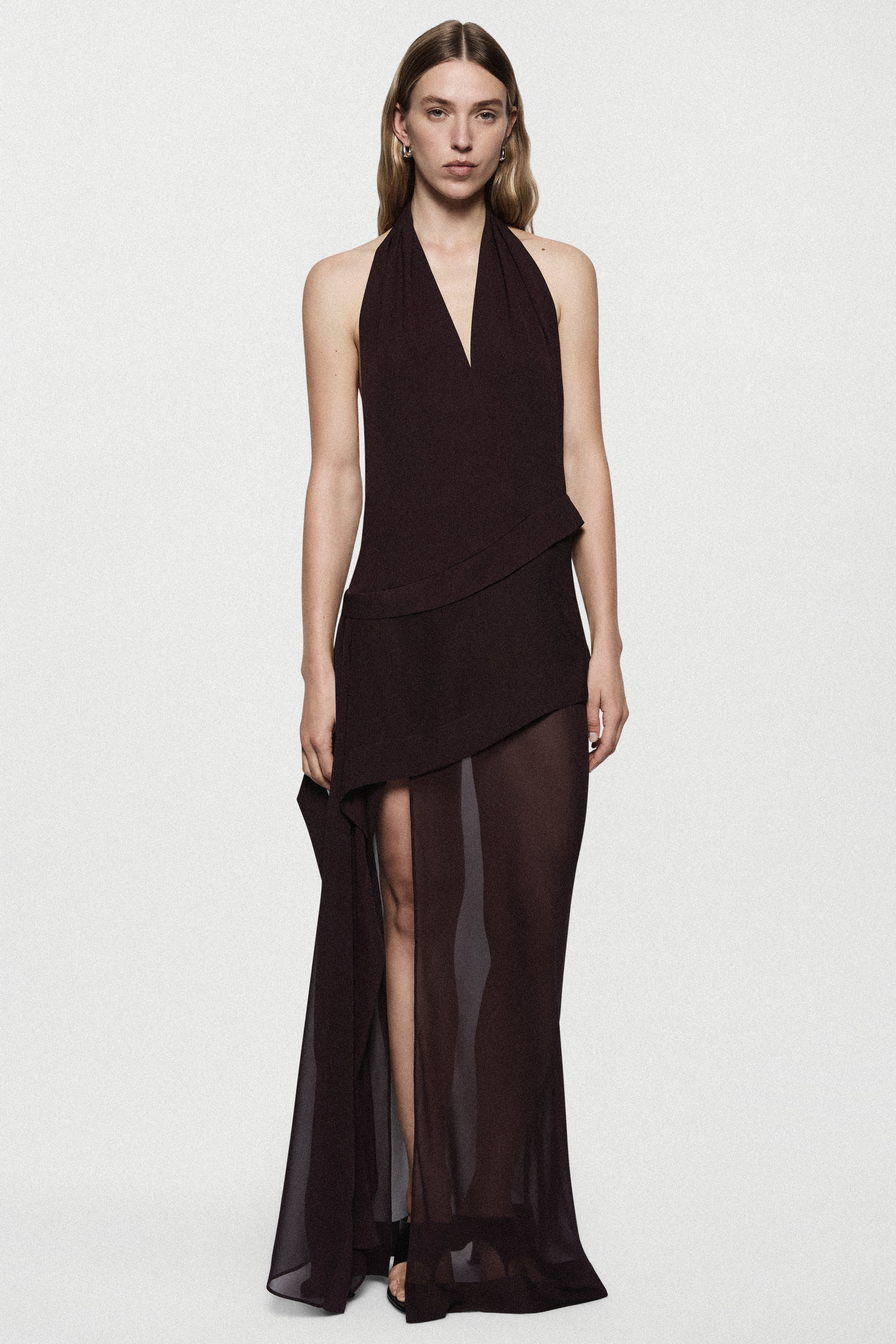 Dark plum silk halter maxi dress with draped bodice and asymmetric wrap detail