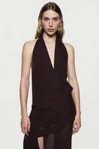 Dark plum silk halter maxi dress with V-neck halter and layered drape at waist