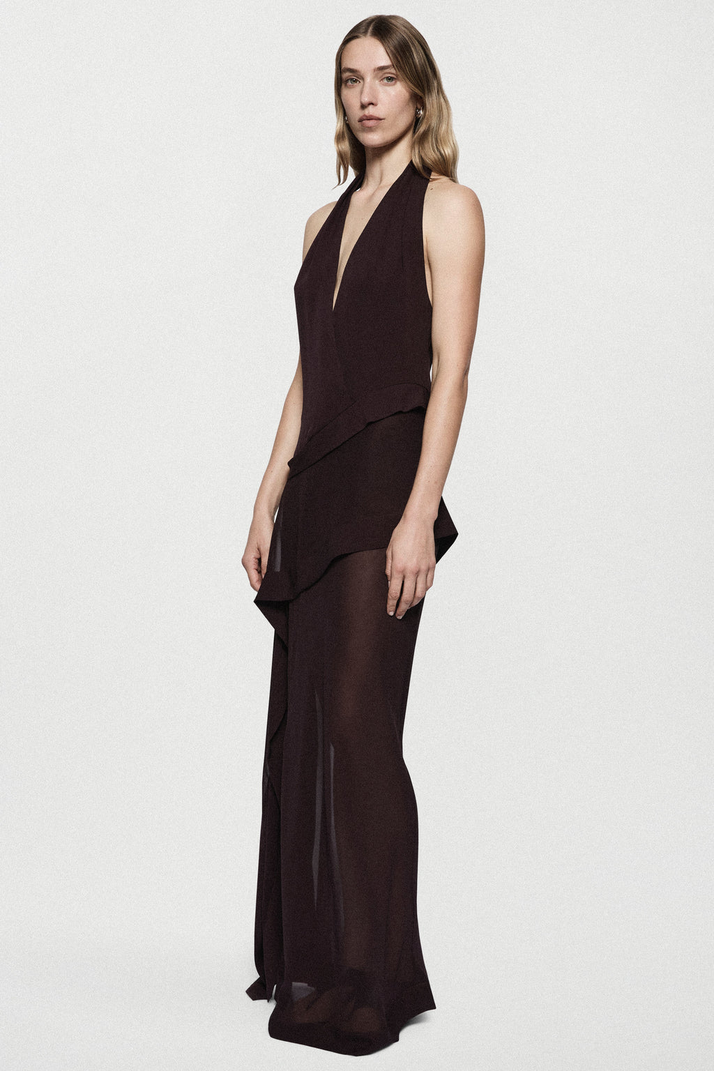 Dark plum silk halter maxi dress with sleeveless halter neckline and flowing skirt