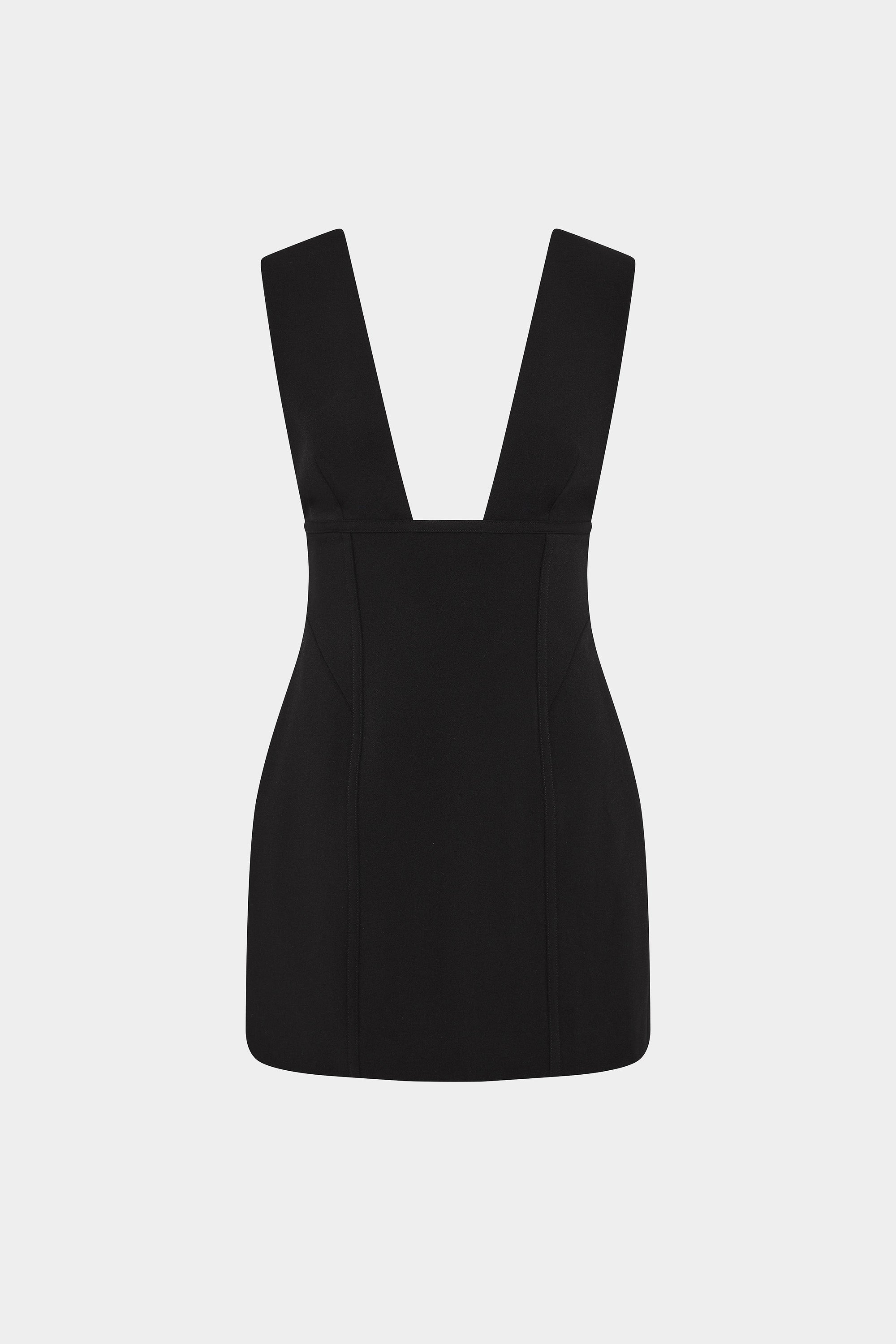 THE MARCIE black sleeveless mini dress with square neckline, tailored pleats