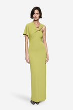 Green maxi dress with short sleeves and twisted side-knot neckline