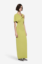 Green maxi dress with draped shoulder knot and short sleeves