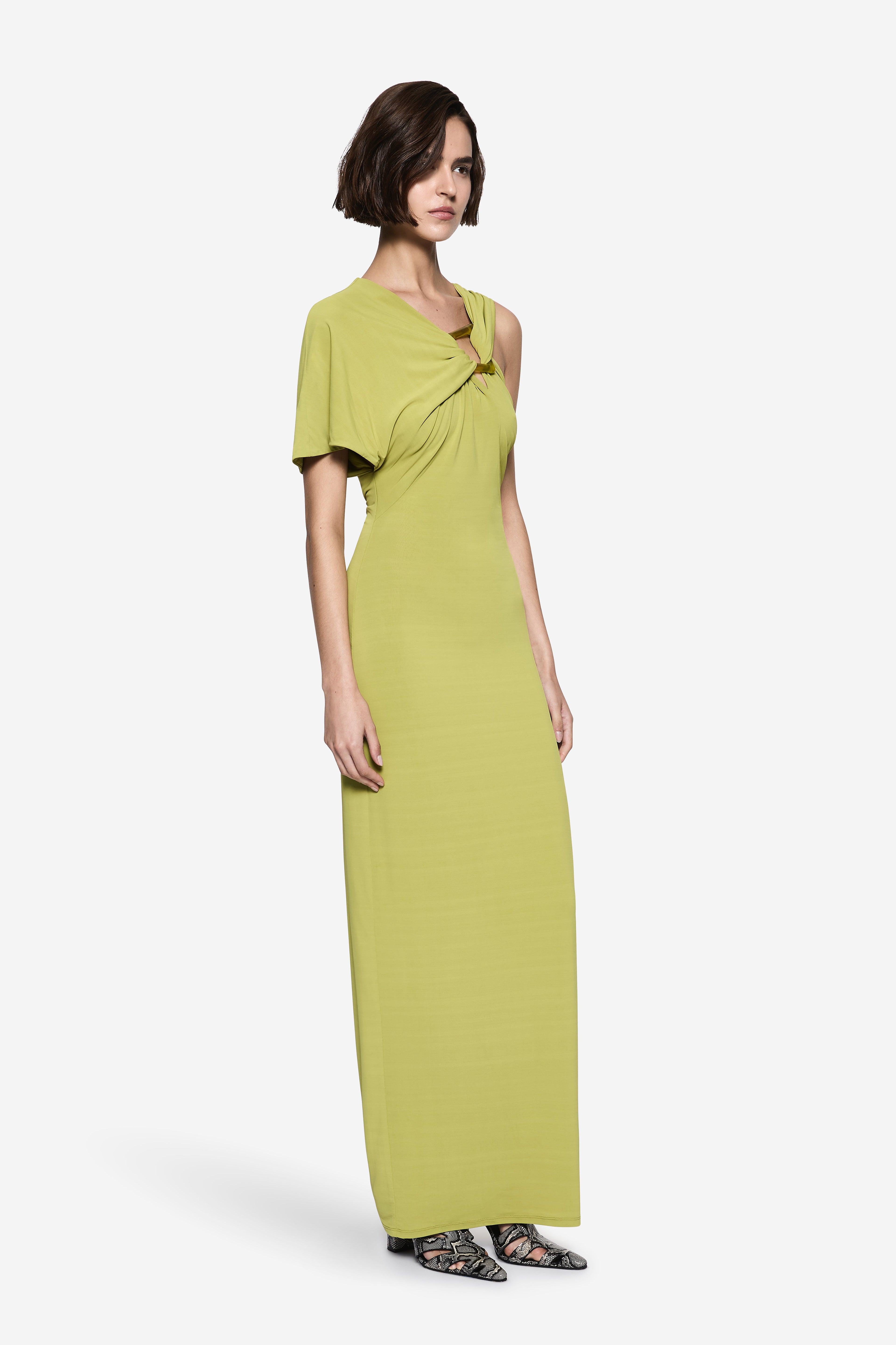 Green maxi dress with draped shoulder knot and short sleeves