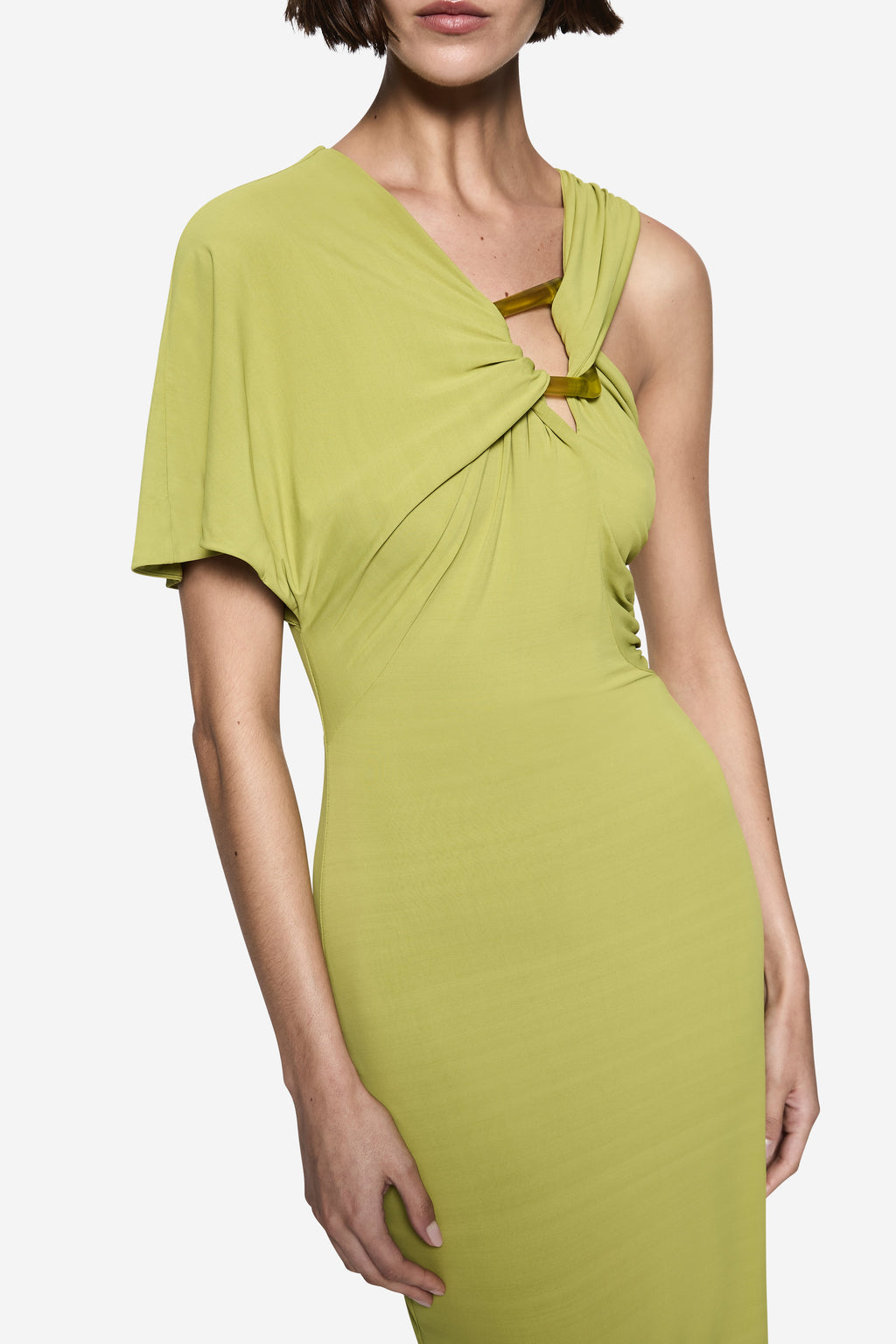 Lime green maxi dress with draped V neckline and shoulder knot detail