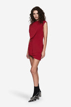 Deep red drape mini dress with draped neckline and gathered waist with buckle