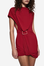 Deep red drape mini dress with waist belt buckle and gathered draped front
