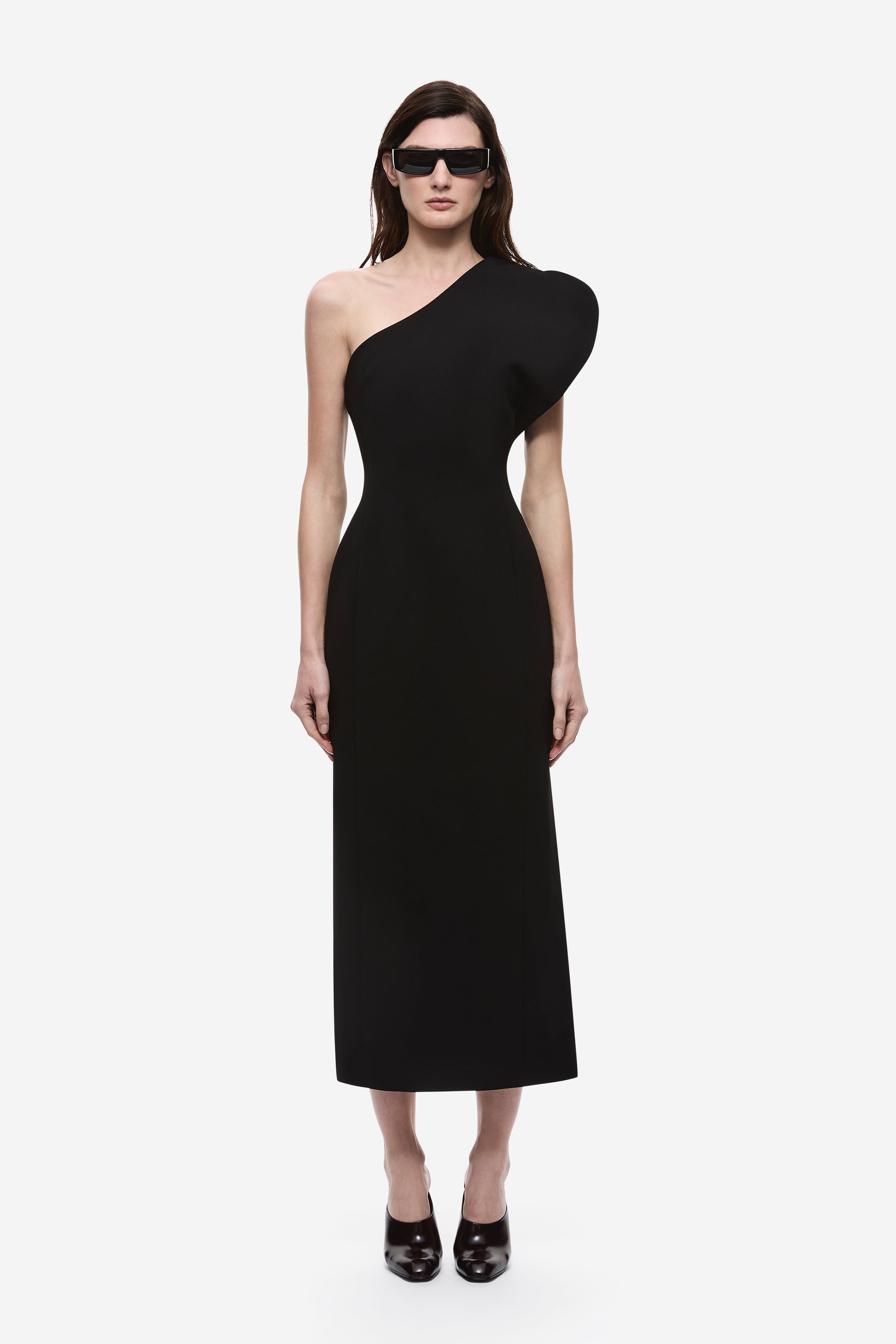 Black one-shoulder midi dress with fitted, sculpted bodice