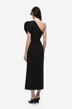 Back view: black one-shoulder midi dress with open back and fitted skirt