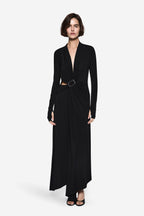 Black long-sleeve wrap dress with V-neck and waist belt, front view