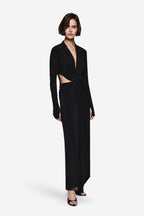 Black long-sleeve wrap dress with V-neck and waist belt, side view