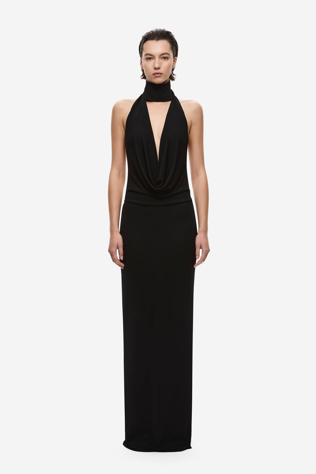 Black cowl-neck jersey maxi dress with deep halter V neckline