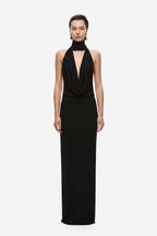 Black cowl-neck jersey maxi dress with deep halter V neckline