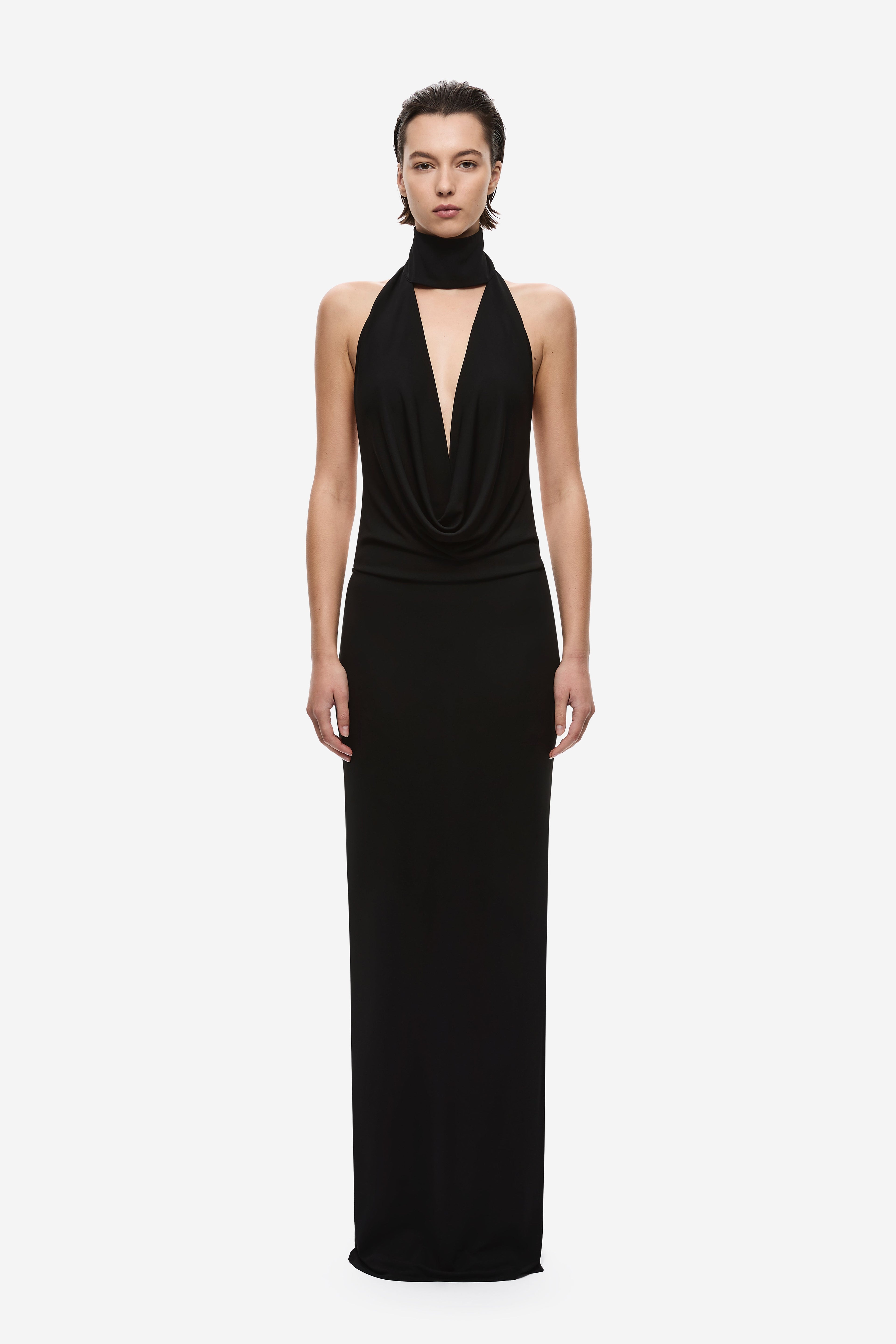 Black cowl-neck jersey maxi dress with deep halter V neckline