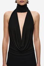 Black halter cowl neckline jersey dress with draped V front