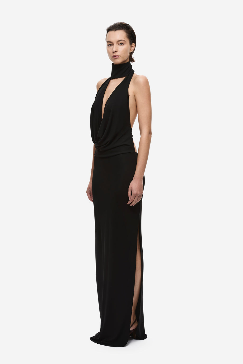 Black cowl-neck jersey maxi dress with halter neckline and side slit
