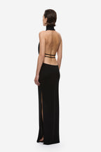 Black cowl-neck jersey maxi dress, halter backless cut
