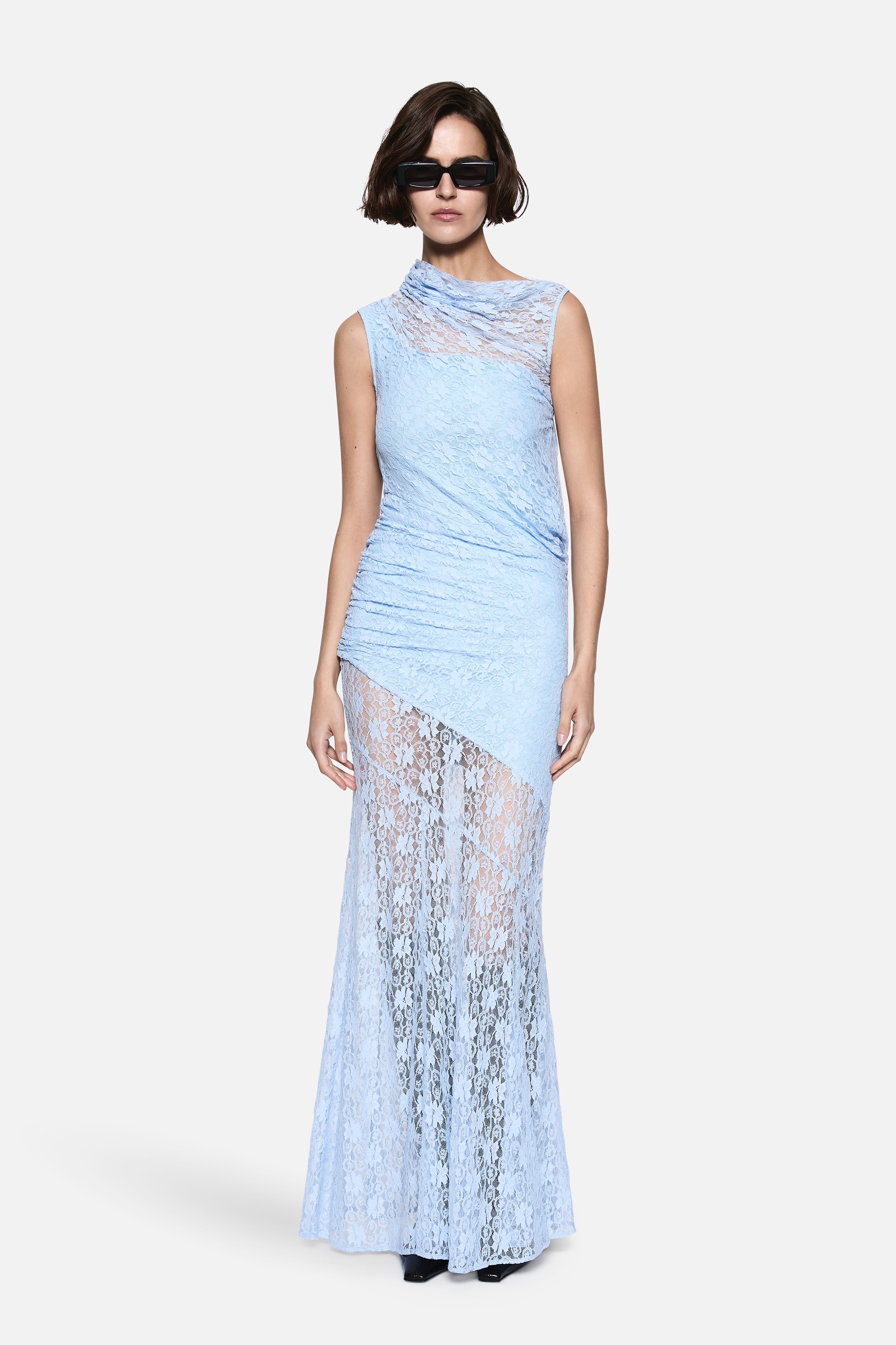 Pastel blue sleeveless lace drape maxi dress, high neck with asymmetric overlay