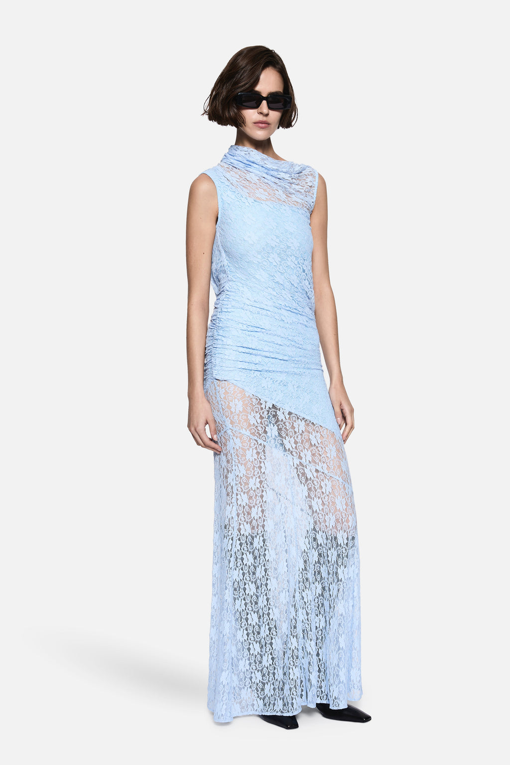 Pastel blue lace drape maxi dress, sleeveless high neck, lace panel hem