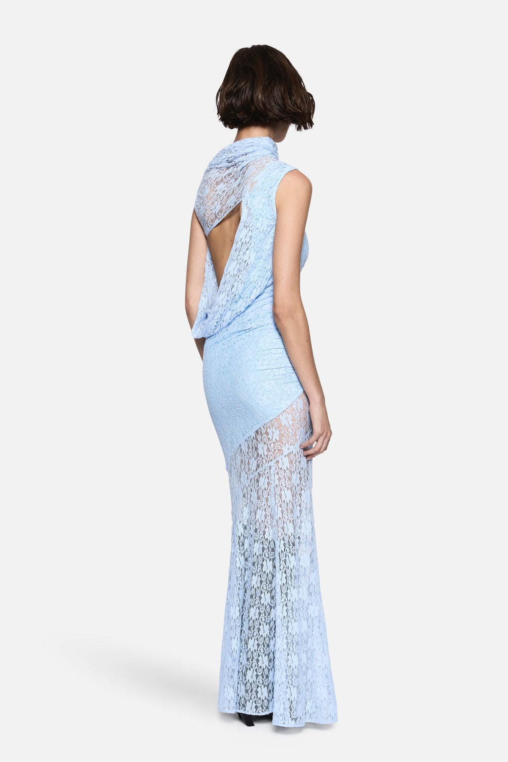 Pastel blue lace drape maxi dress, open back with draped detail, sleeveless high neck