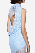 Pastel blue sleeveless lace drape dress, open back detail and high neck