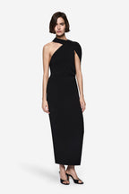 Black structured halter midi dress with asymmetric draped neckline and fitted silhouette