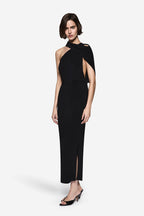 Black structured halter midi dress with asymmetric shoulder drape and side slit