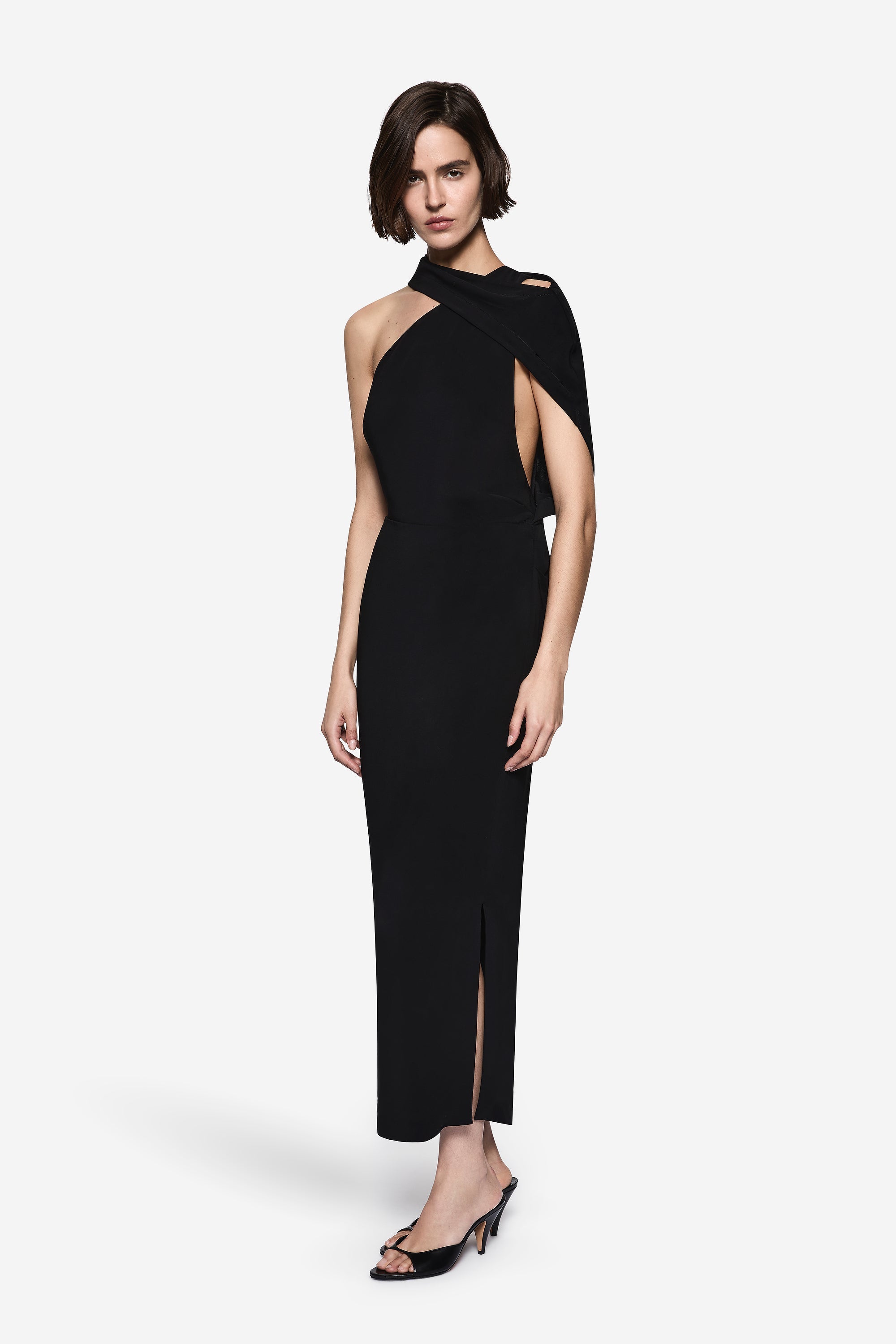 Black structured halter midi dress with asymmetric shoulder drape and side slit