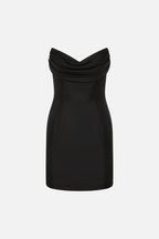 Black silk strapless mini dress with draped cowl neckline, sleeveless
