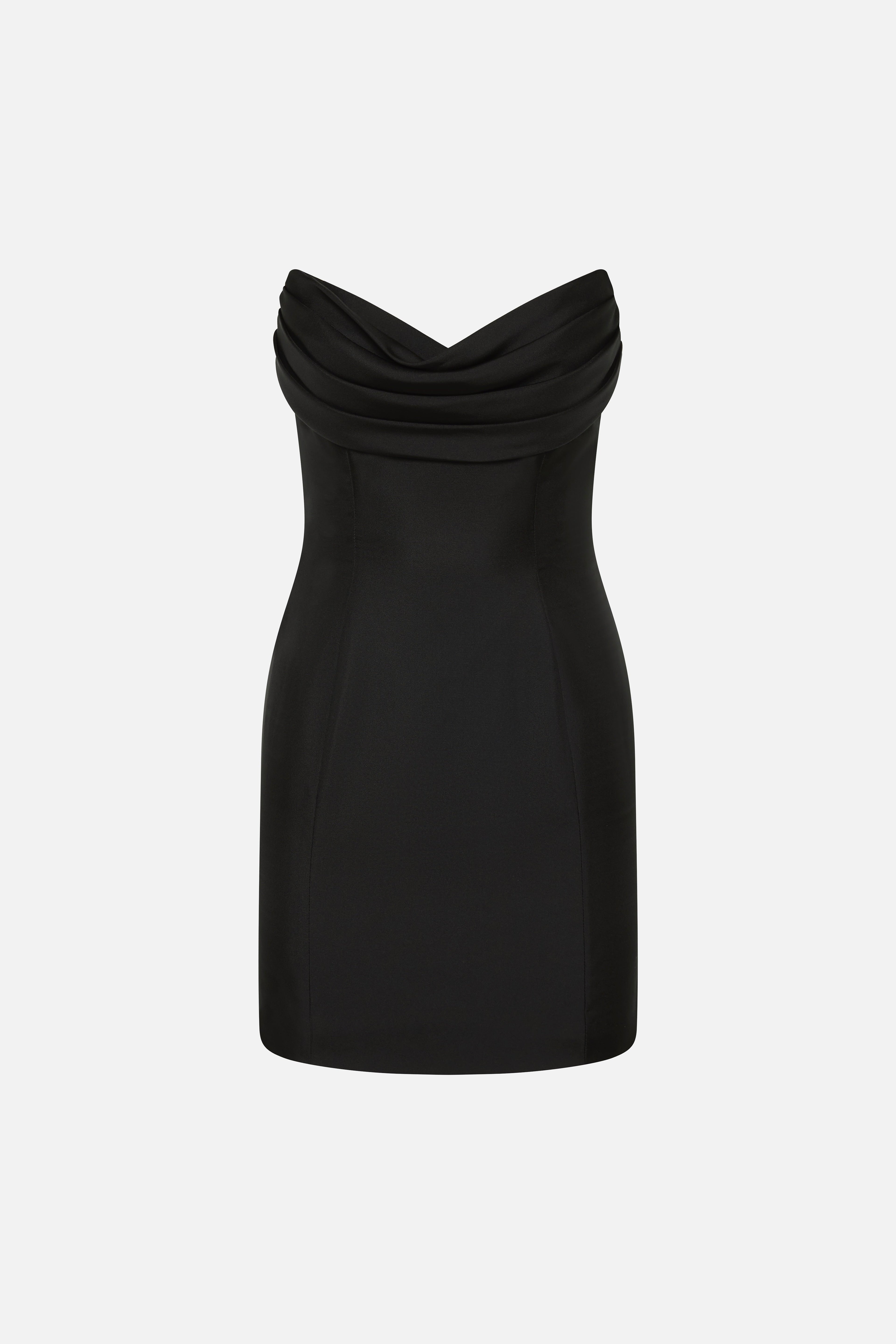 Black silk strapless mini dress with draped cowl neckline, sleeveless