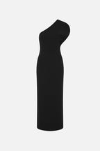 Black one-shoulder midi dress with fitted silhouette and clean neckline