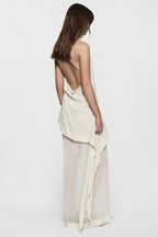 Off-white silk halter maxi dress, low back and draped asymmetric layered hem
