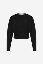 Black cropped jersey top with long sleeves and round neckline