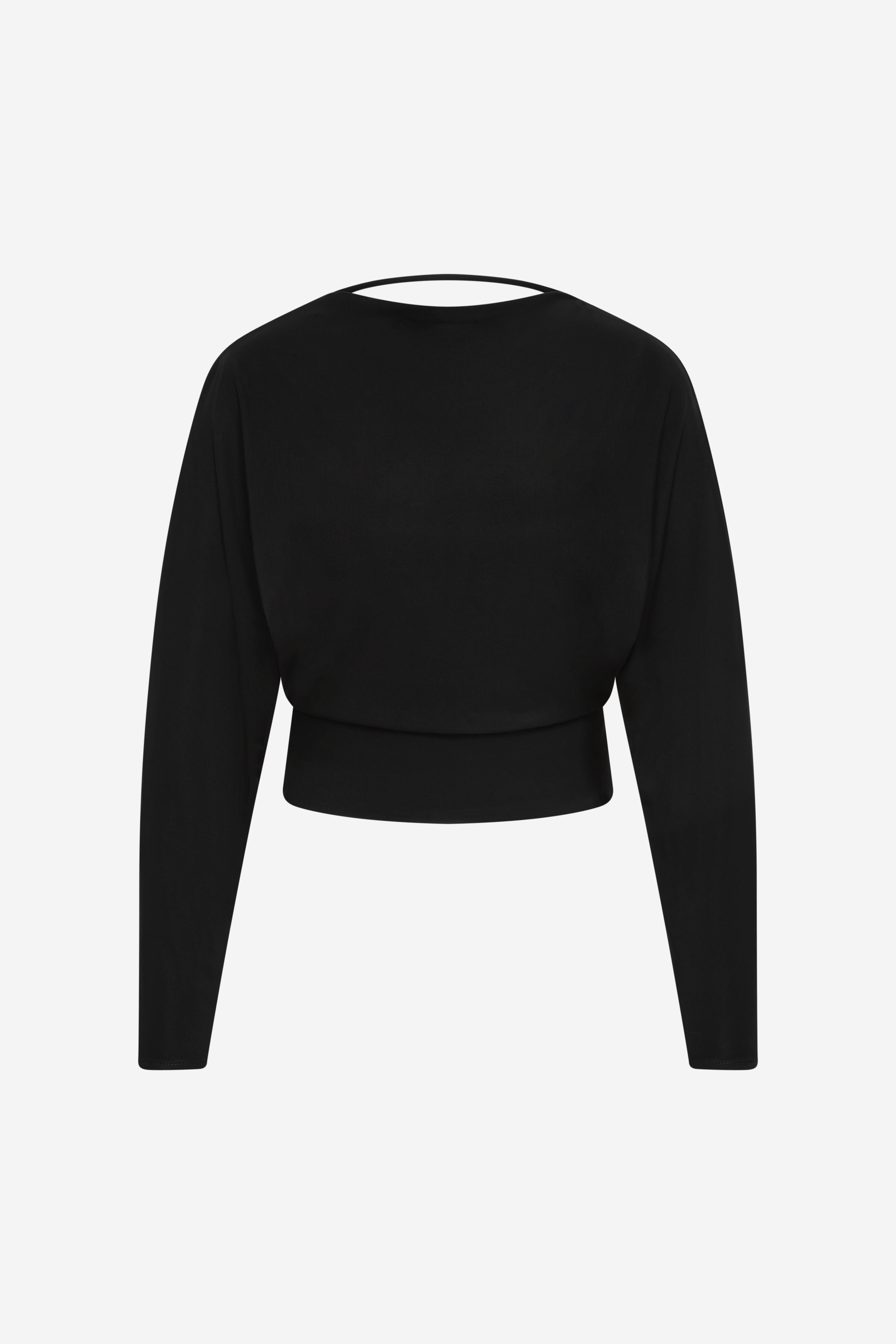 Black cropped jersey top with long sleeves and round neckline