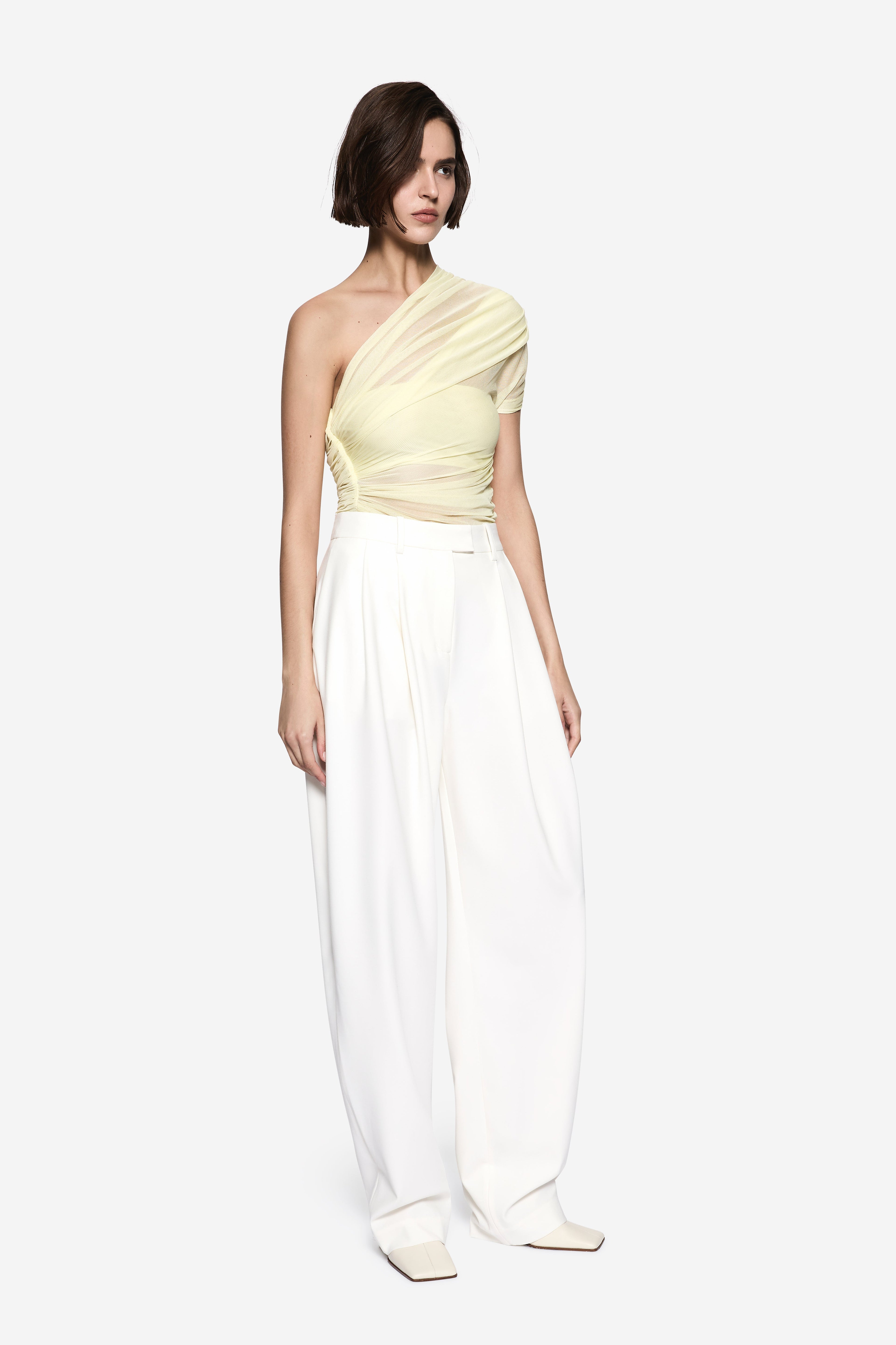 Lemon silk one-shoulder draped top with gathered waist