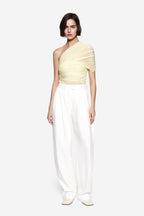 Lemon silk one-shoulder top with ruched drape detail