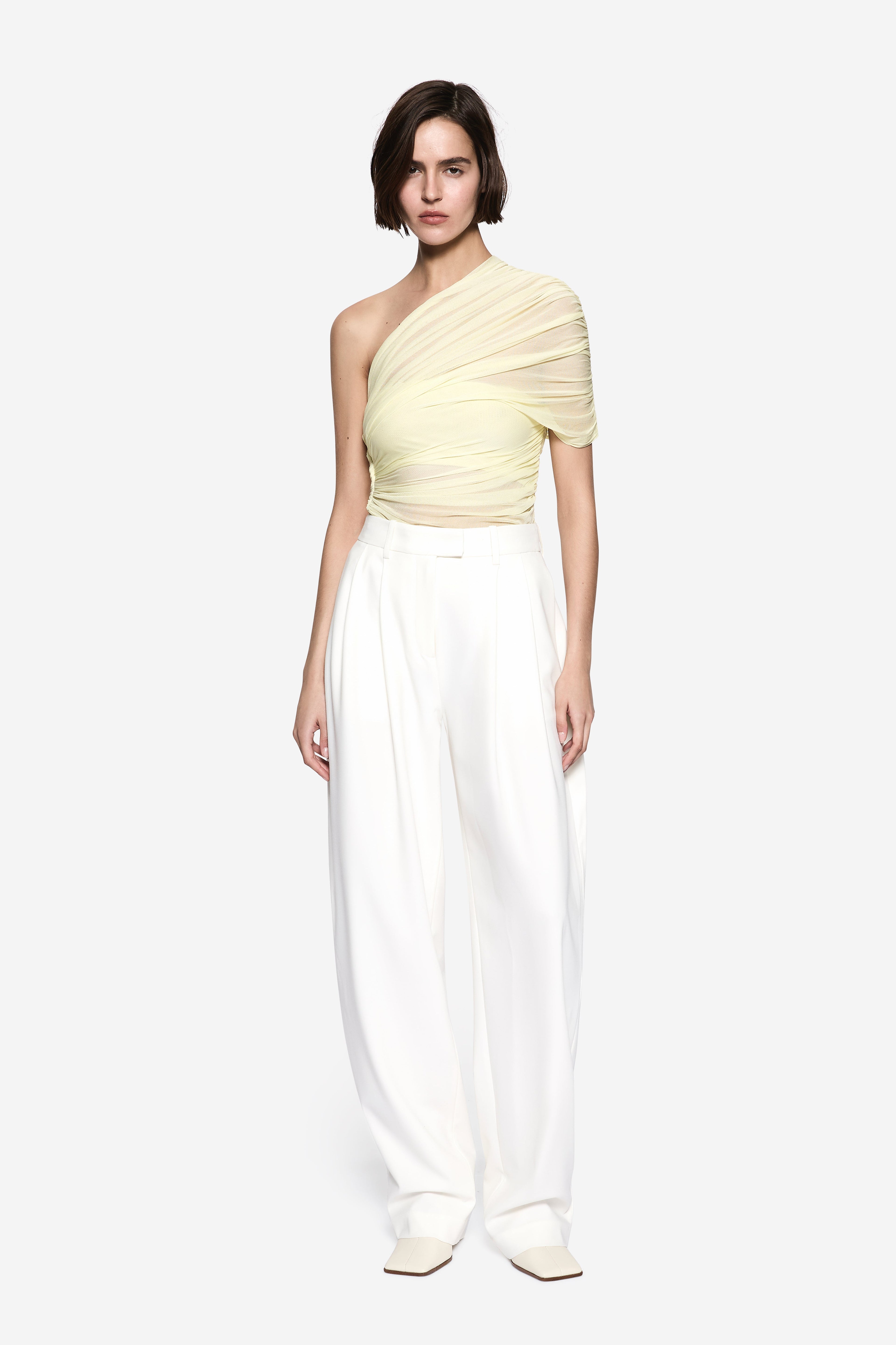 Lemon silk one-shoulder top with ruched drape detail