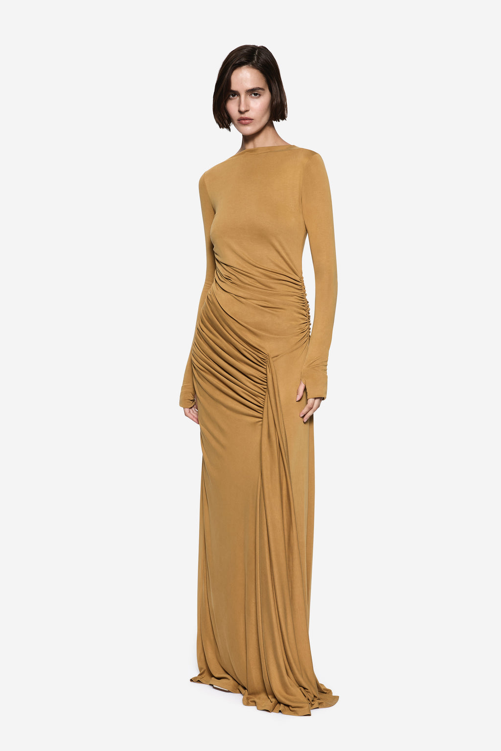 Mustard gold long-sleeve draped maxi dress with ruched side detailing