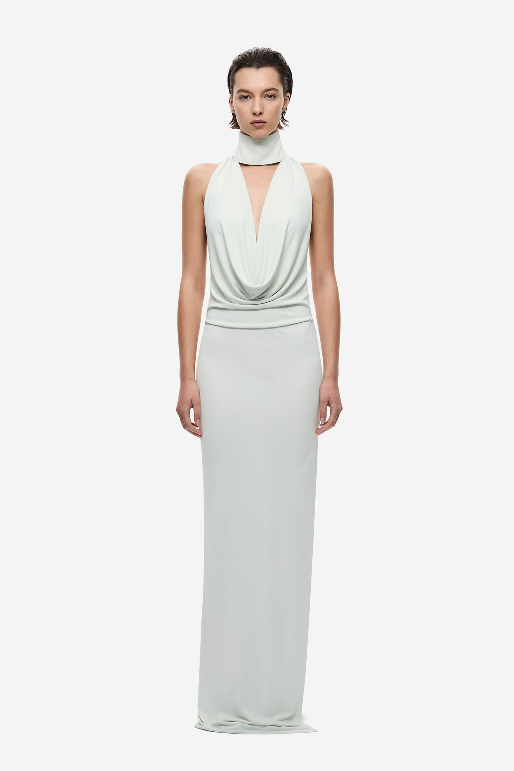 Light mint sleeveless cowl-neck jersey maxi dress with draped front